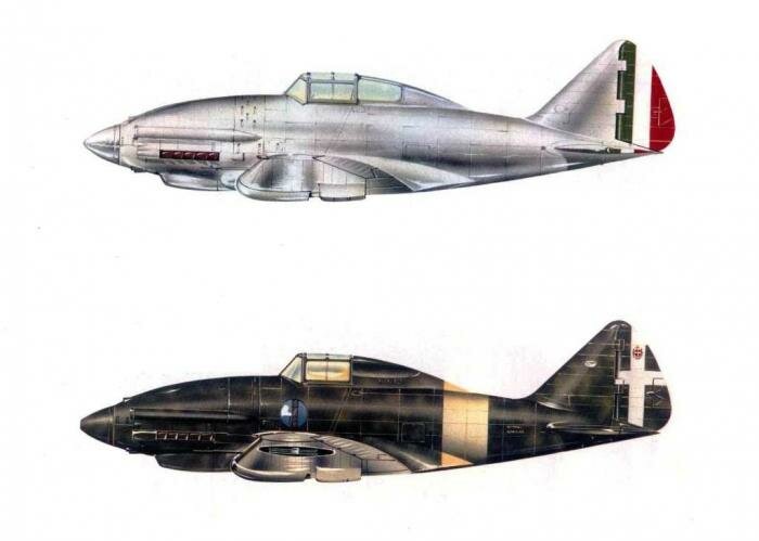 Profili dei due prototipi del Reggiane RE.2001: MM.409 primo prototipo, ed MM.408 secondo prototipo (disegno Ricard Caruana)