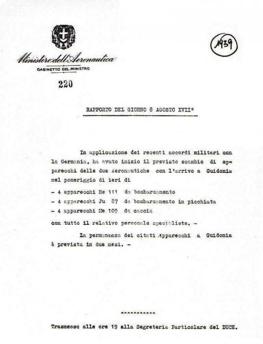 Rapporto del Gabinetto del Ministro dell’Aeronautica alla Segreteria Particolare di Mussolini circa l’arrivo dei Me.109 e di altri velivoli della Luftwaffe a Guidonia il 7 agosto 1939